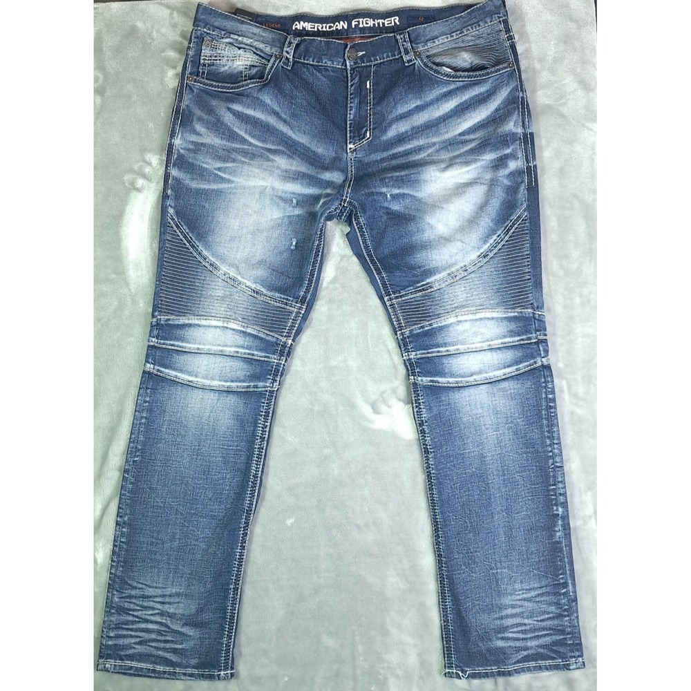 American Fighter Defender Moto Jeans 42x34 Ribbed Biker Distressed Blue Stretch